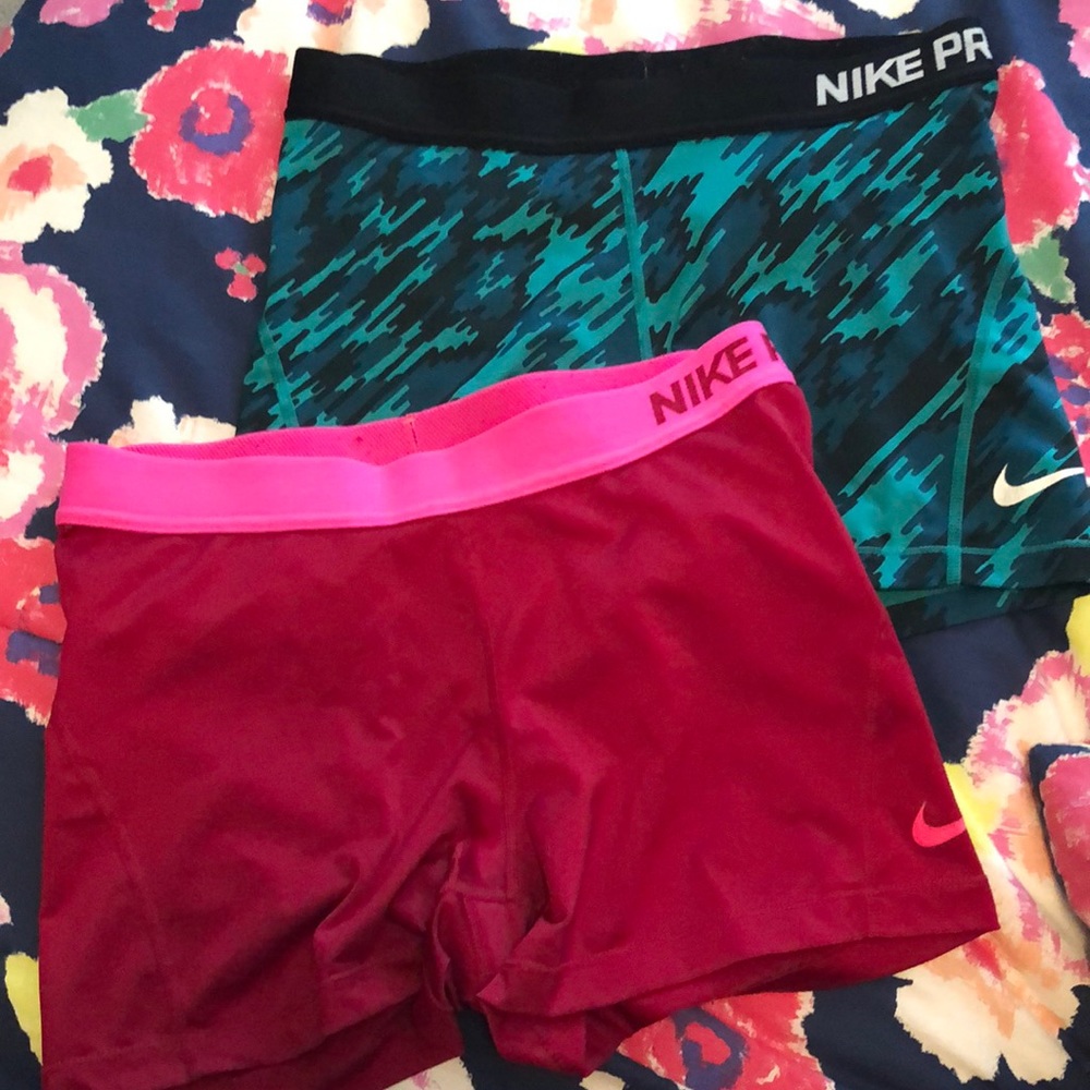 Nike Women's Pink and Teal Compression Shorts Duo